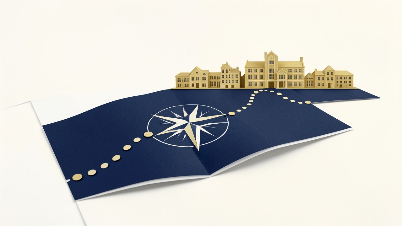 Illustrated map with a compass and a highlighted path leading to a college campus, symbolizing the journey to securing financial aid.