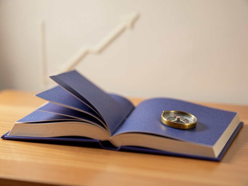 Open book with a compass and a growth chart, symbolizing knowledge and planning for education funding.