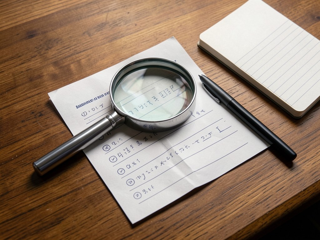 Magnifying glass inspecting a document with a checklist, emphasizing accuracy and fact-checking.