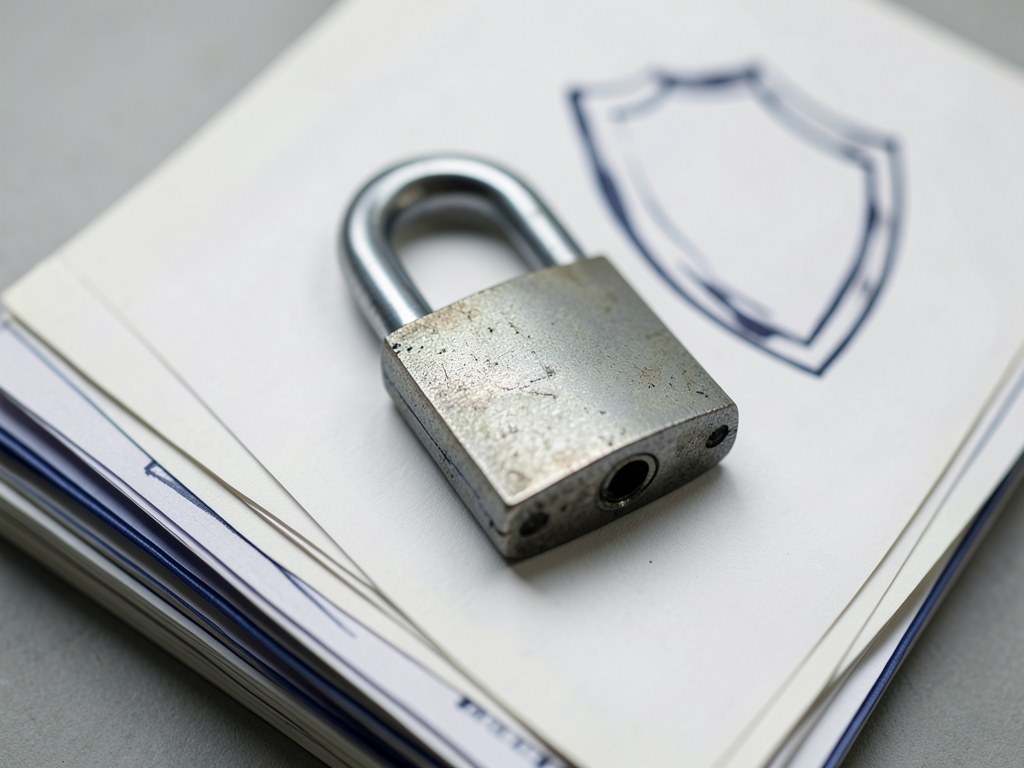 A lock on a document with a data shield in the background, symbolizing privacy and data protection.