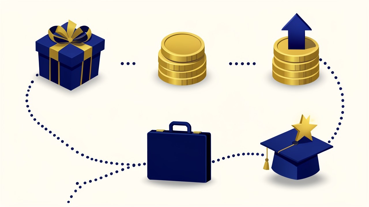 Illustrated four-panel diagram showing gifts, coins, a briefcase, and a graduation cap, representing grants, loans, work-study, and scholarships.