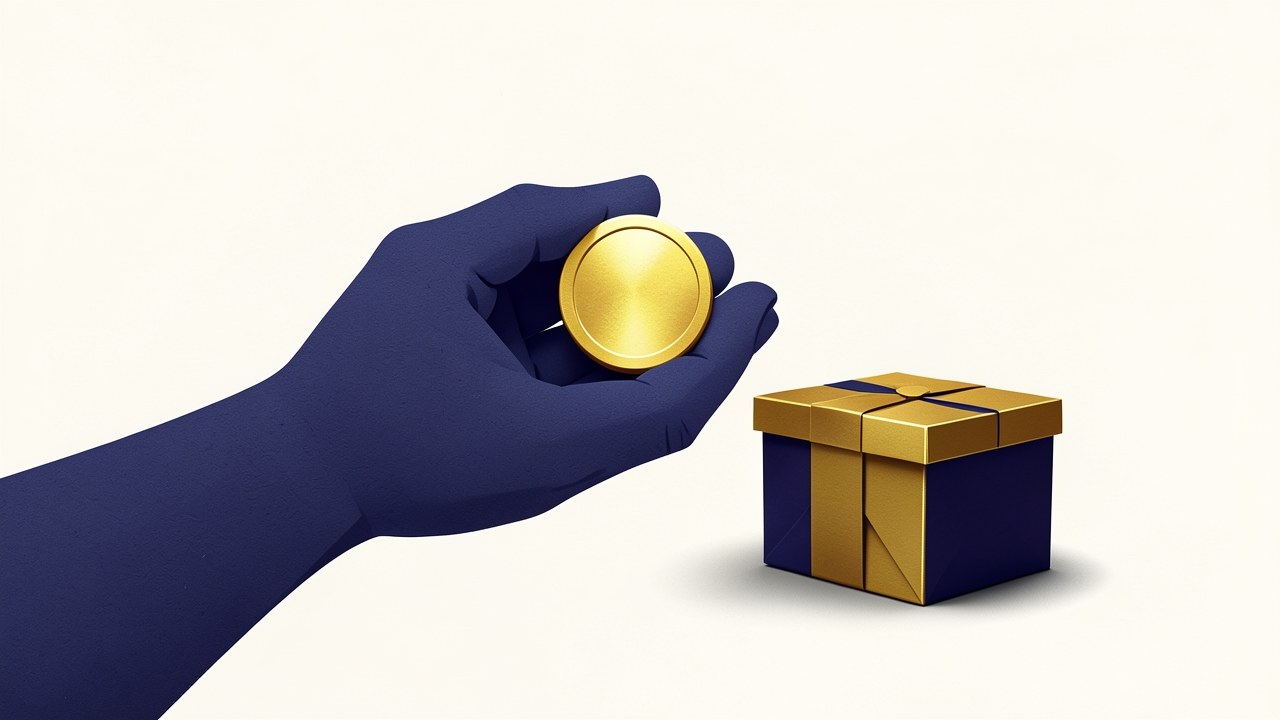 Illustrated hand holding a golden coin with a gift box, symbolizing grant money as a gift.