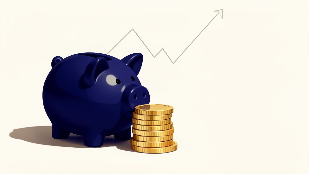 Illustrated piggy bank and a stack of coins with a small graph, representing loans and interest.