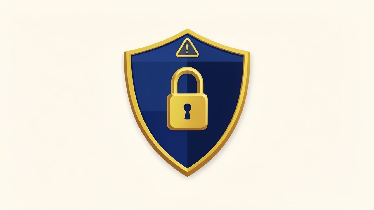 Illustrated shield with a lock and a warning sign, symbolizing protection against scams.